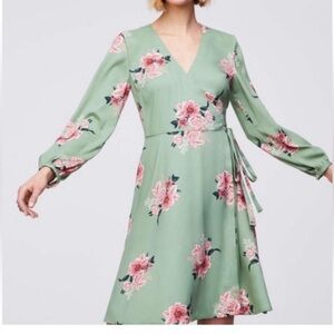 LOFT  Wrap Dress Long Sleeve Green Floral Size 4